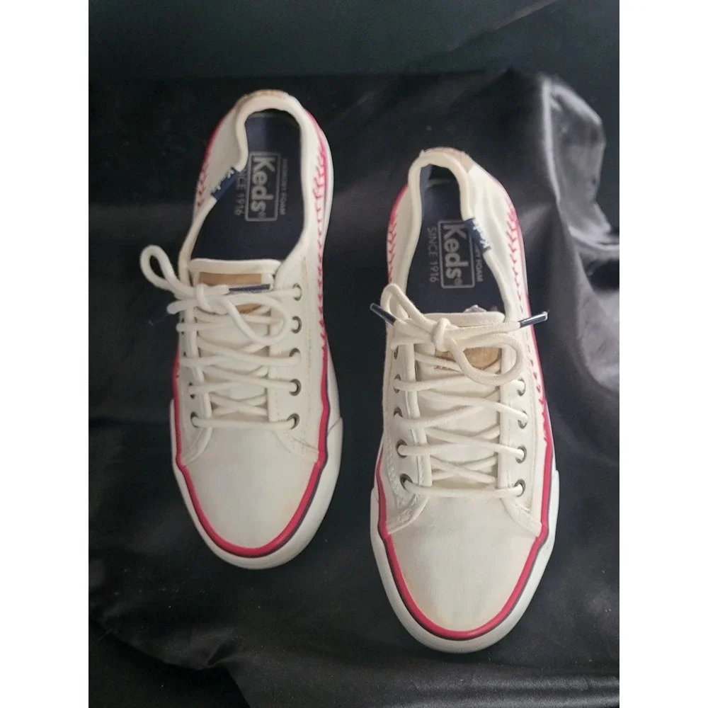 Keds Double Up Baseball Sneakers Off White Canvas Red Stitching Youth Size 2M